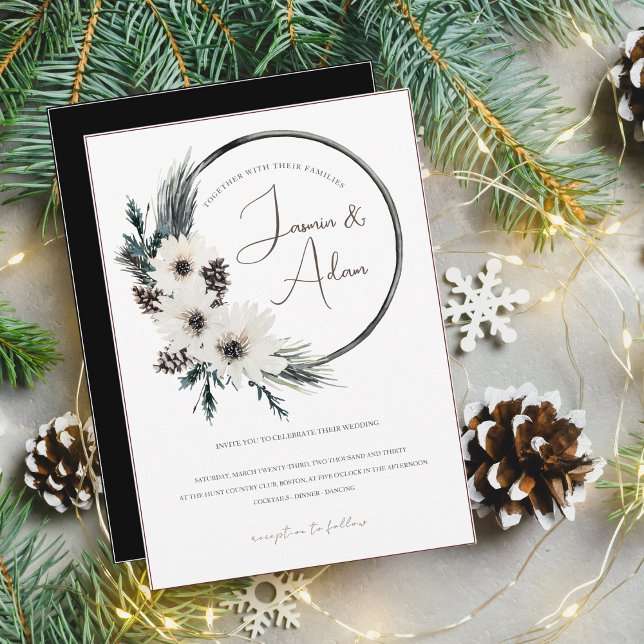Gothic White Floral Wreath Christmas Wedding Invitation (Creator Uploaded)