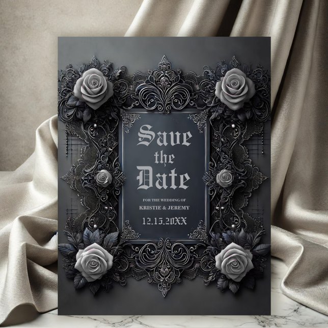 Gothic White Roses on Grey Save the Date Announcement Postcard (Gothic White Roses on Dark Gray Wedding Save the Date Announcement.)