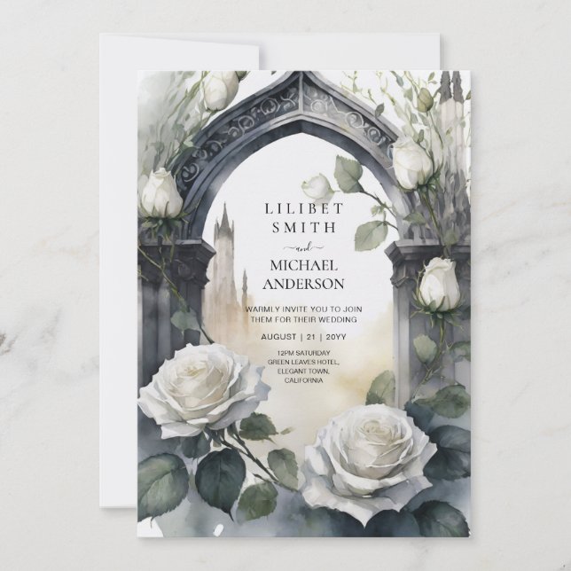 Gothic White Roses Wedding Invitation (Front)