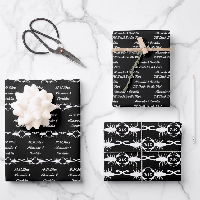 Gothic White Wedding Scorpions Custom Monogrammed Wrapping Paper Sheet (Front)