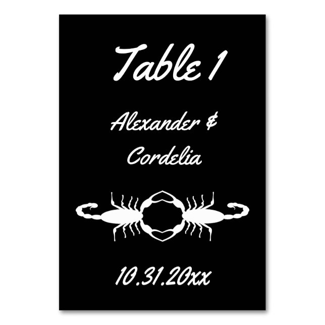 Gothic White Wedding Scorpions Custom Table Number (Front)