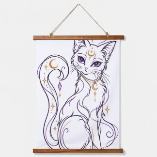 Gothic Wiccan Cat Line Art Celestial Magic Hanging Tapestry