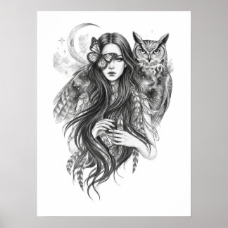 Gothic Wiccan Witch and Owl Dark Folklore Art Post Poster