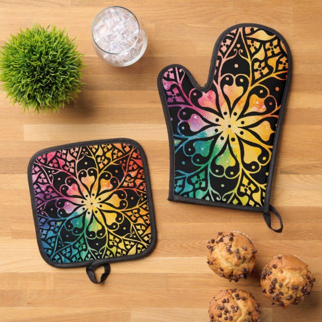Gothic Window Rainbow Pride Oven Mitt & Pot Holder Set (Top Down)