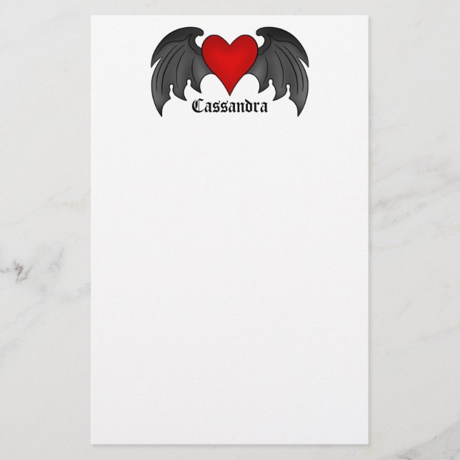 Gothic winged heart Valentines Day Stationery (Front)