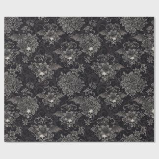 Gothic Winged Skulls Dark Floral Damask Wrapping Paper