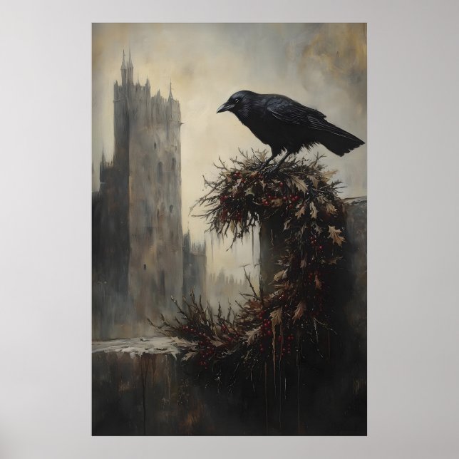 Gothic Winter Raven Crow Xmas Wreath Art Poster (Front)