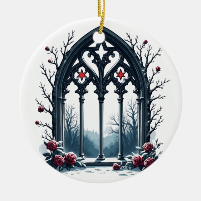 Gothic Winter Window with Roses Ceramic Tree Decoration (Front)