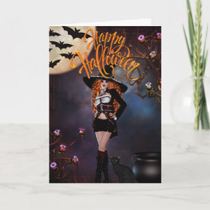 Gothic Witch and Her Black Cat Happy Halloween Card