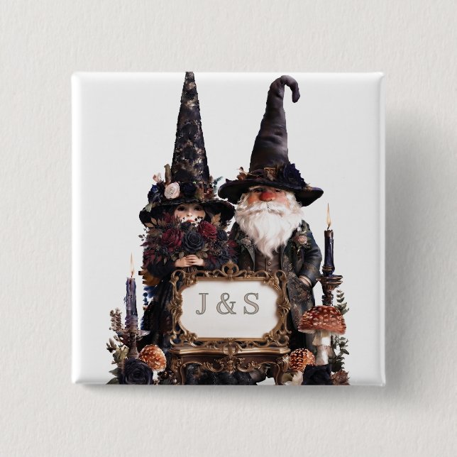 Gothic Witch and Wizard Gnomes with Initials 15 Cm Square Badge (Front)