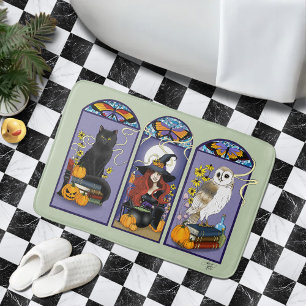 Gothic Witch Black Cat Owl Halloween Art Nouveau Bath Mat