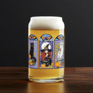 Gothic Witch Black Cat Owl Halloween Art Nouveau Can Glass