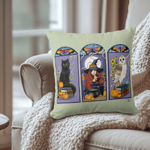 Gothic Witch Black Cat Owl Halloween Art Nouveau Cushion