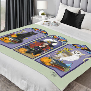 Gothic Witch Black Cat Owl Halloween Art Nouveau Fleece Blanket
