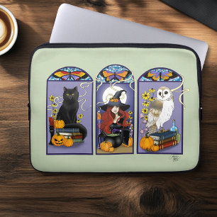 Gothic Witch Black Cat Owl Halloween Art Nouveau Laptop Sleeve