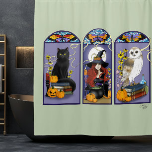 Gothic Witch Black Cat Owl Halloween Art Nouveau  Shower Curtain