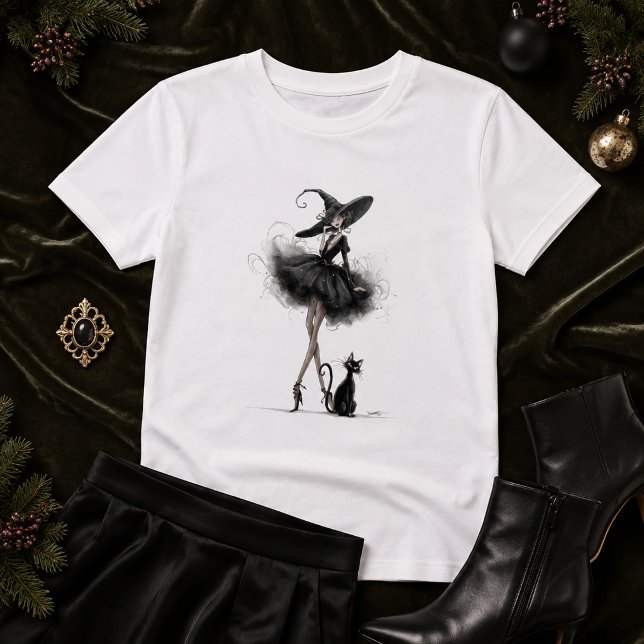Gothic Witch & Cat – Dark Feminine Witchcore Art T-Shirt (Gothic Witch & Cat – Dark Feminine Witchcore Art T-Shirt)
