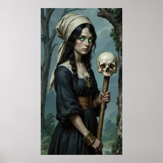 Gothic Witch Green Eyes Skull Staff Poster (Front)