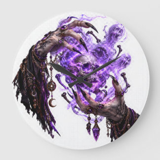 Gothic Witch Hands Burning Purple Skull Wall Clock