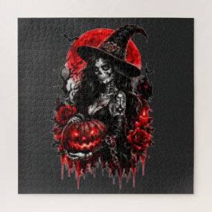 Gothic Witch Pumpkin Halloween Black Cat Spooky De Jigsaw Puzzle
