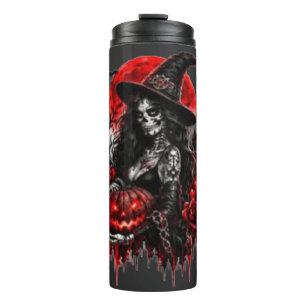 Gothic Witch Pumpkin Halloween Black Cat Spooky De Thermal Tumbler