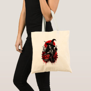 Gothic Witch Pumpkin Halloween Black Cat Spooky De Tote Bag