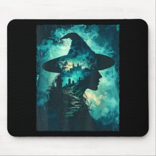 Gothic witch silhouette haunted castle graveyard mouse pad