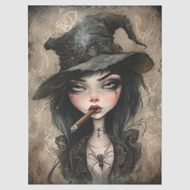 Gothic Witch Smoking Cigar Halloween Decoupage Tissue Paper (Front)