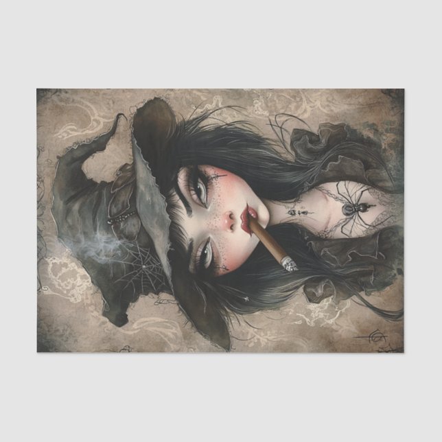 Gothic Witch Smoking Cigar Halloween Decoupage Tissue Paper (Front)