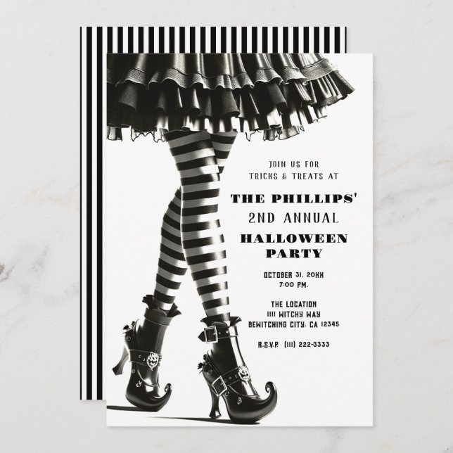 Gothic Witch Striped Legs Black White Halloween  Invitation (Front/Back)