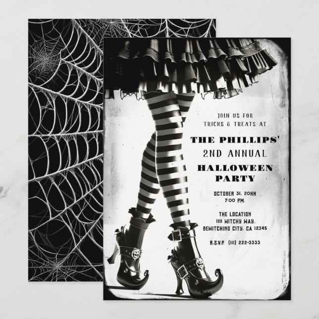 Gothic Witch Striped Legs Black White Halloween  Invitation (Front/Back)