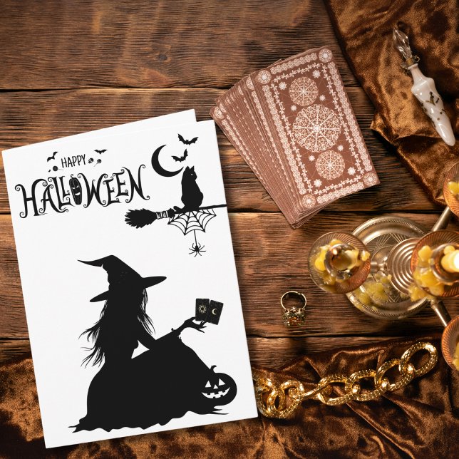 Gothic Witch Tarot Cute Cat Halloween Photo  Card (Front of Card)