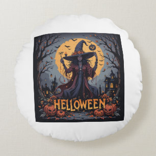Gothic Witch Under the Full Moon – Dark Halloween Round Cushion