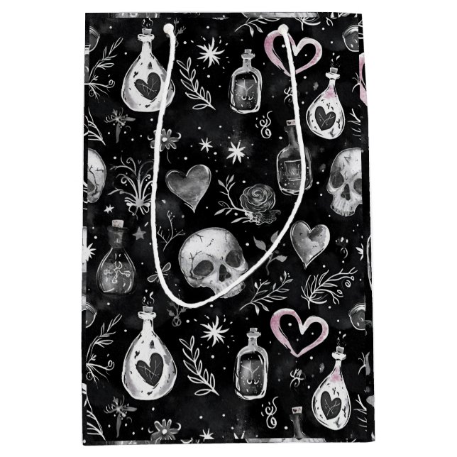 Gothic Witchcraft Love Potion Skull hearts Medium Gift Bag (Front)