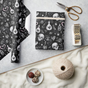 Gothic Witchcraft Love Potion Skull hearts Wrapping Paper