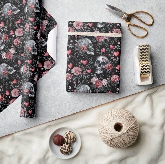 Gothic Witchcraft Skulls with Roses  Wrapping Paper (Crafts)