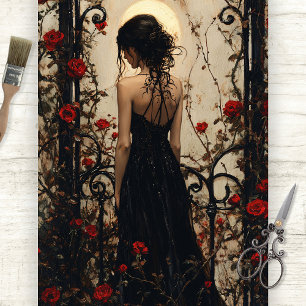 Gothic Woman in Black Dress Among Red Roses Tissue Paper