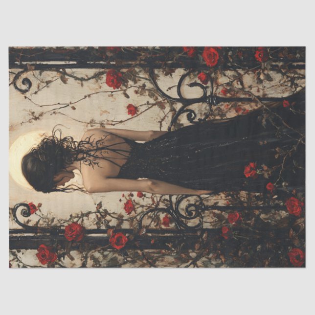 Gothic Woman in Black Dress Among Red Roses Tissue Paper (Front)
