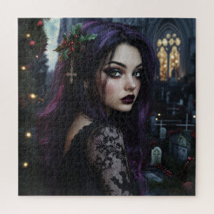 Gothic Woman in Christmas Churchyard Jigsaw Puzzle