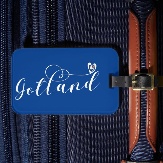 Gotland Flag Heart Script Design, Sweden Luggage Tag (Front Insitu 4)