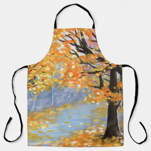 Gouache autumn landscape. Golden fall in an empty Apron