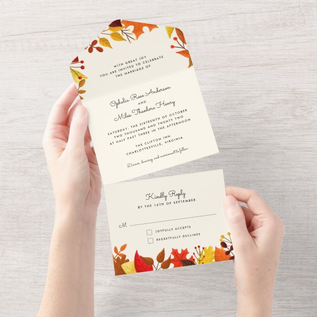 Gouache Autumn Leaves All in One Wedding Invite (Tearaway)