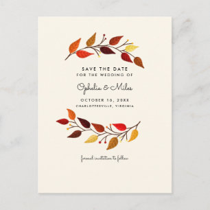 Gouache Autumn Leaves Save the Date Announcement Postcard