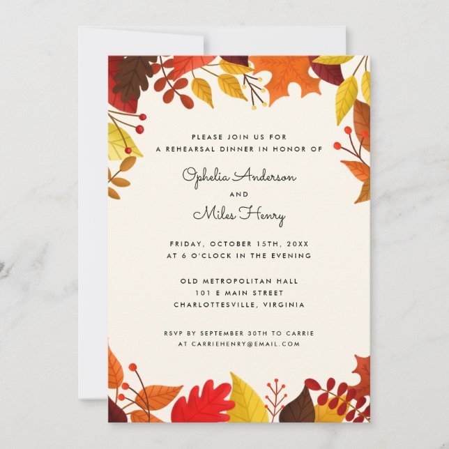 Gouache Autumn Leaves Wedding Rehearsal Dinner Invitation (Front)
