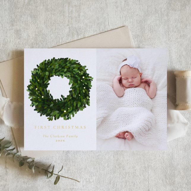 Gouache Boxwood Wreath First Baby Christmas Photo (Creator Uploaded)