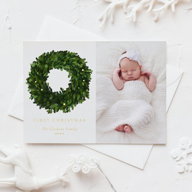 Gouache Boxwood Wreath First Baby Christmas Photo Foil Holiday Postcard (Creator Uploaded)