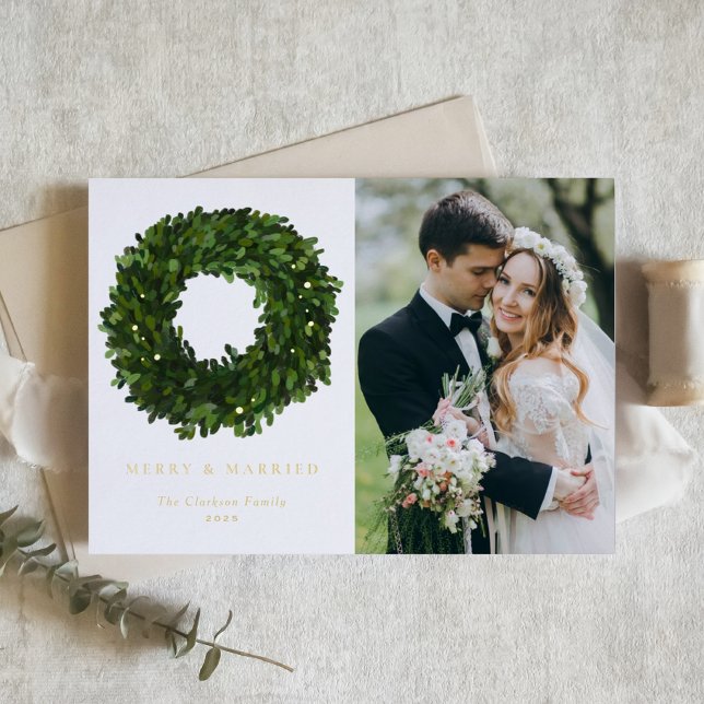 Gouache Boxwood Wreath Newlywed Christmas Photo Foil Holiday Card (Creator Uploaded)