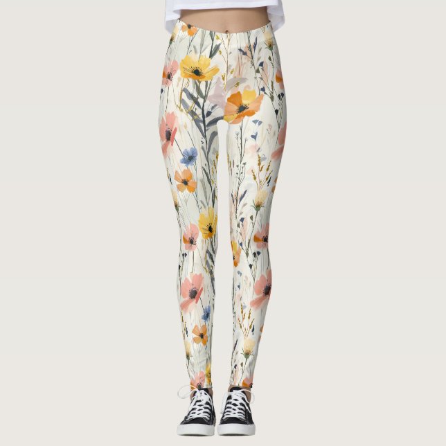 Gouache Meadow Flowers Pattern Leggings (Front)