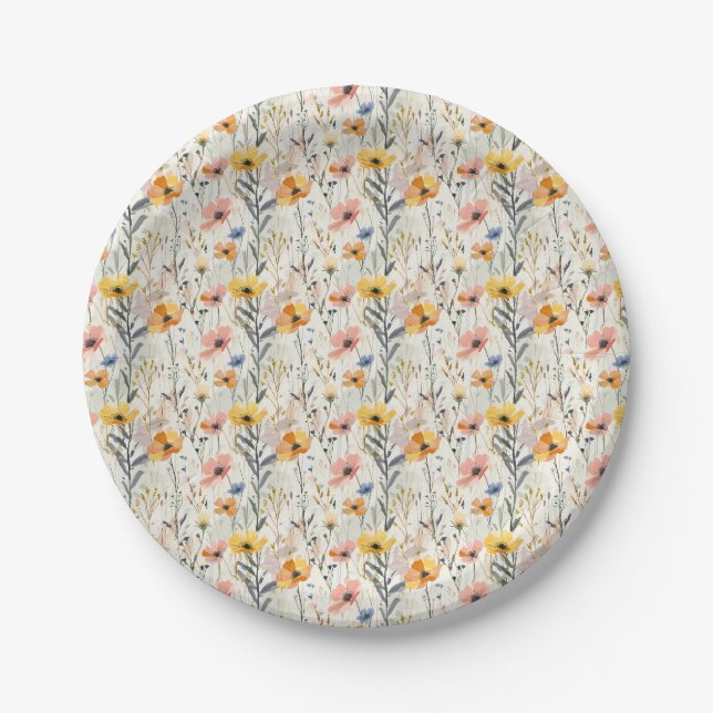 Gouache Meadow Flowers Pattern Paper Plate (Front)