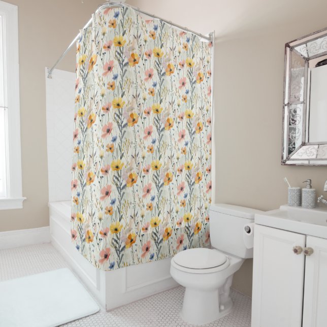 Gouache Meadow Flowers Pattern Shower Curtain (In Situ)